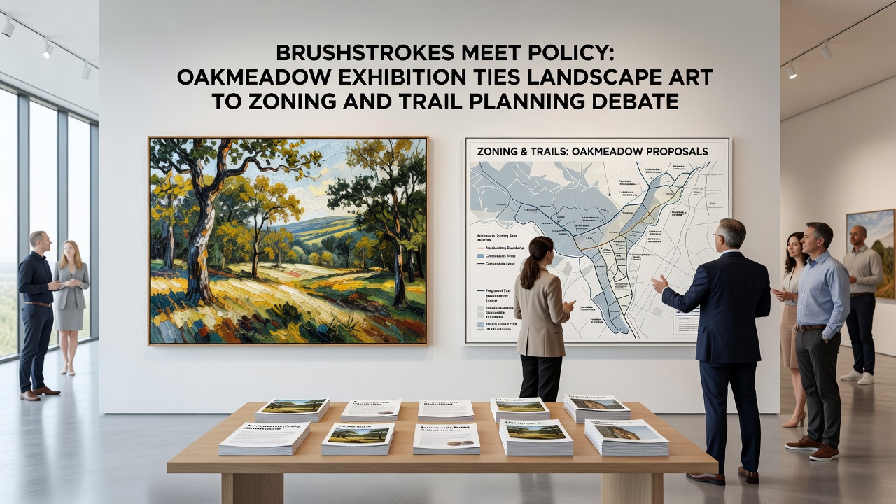 Visitors examining trail route maps next to landscape artwork during an October 2026 forum at Oakmeadow
