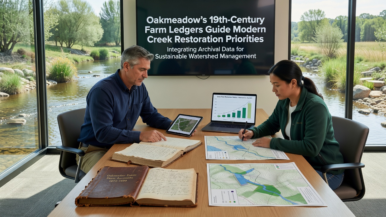 Restoration crew measuring creek bank elevation while referencing printed maps derived from 19th-century farm ledgers